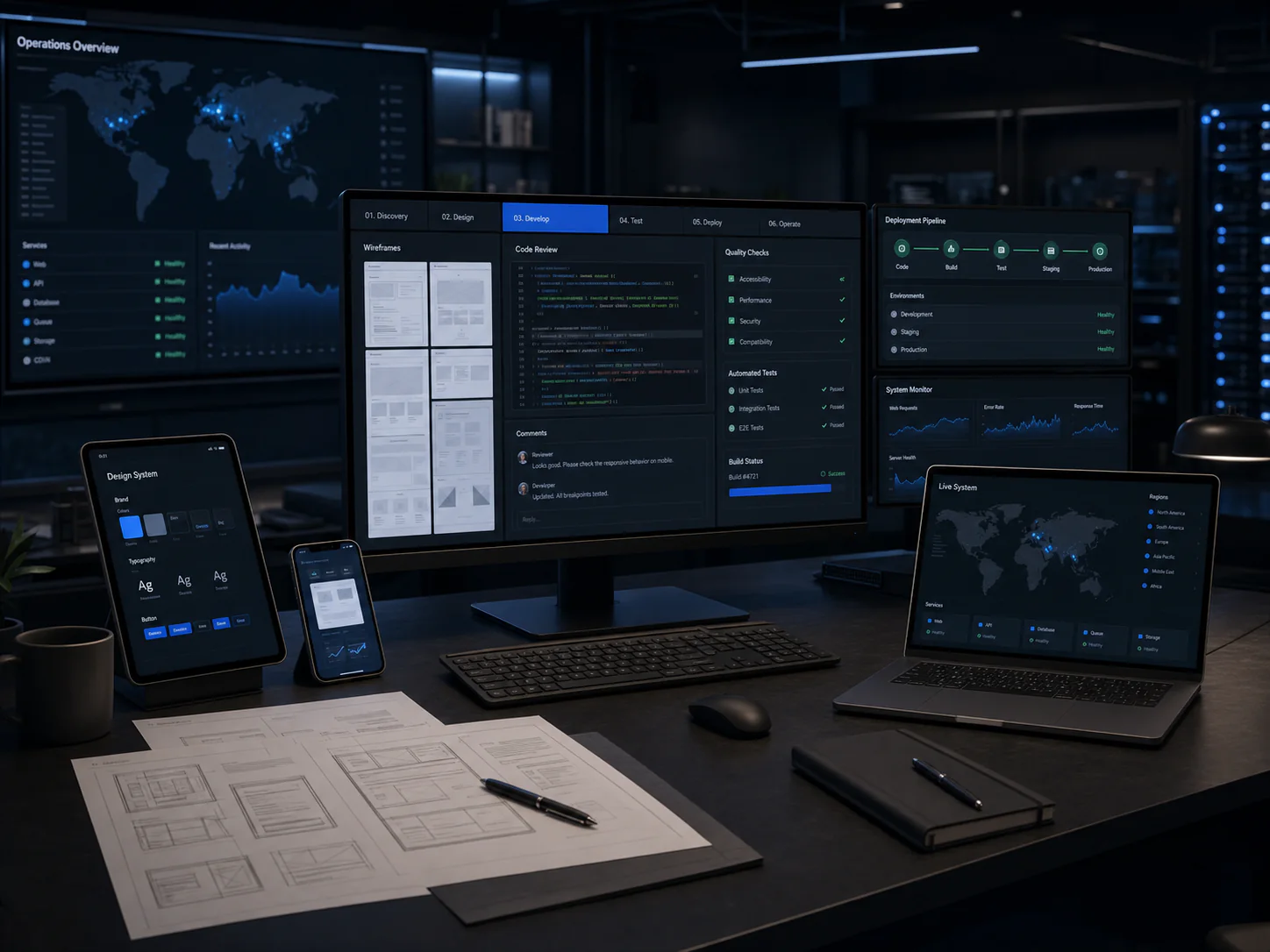 A2Z Global software build floor showing design, engineering, testing and operations